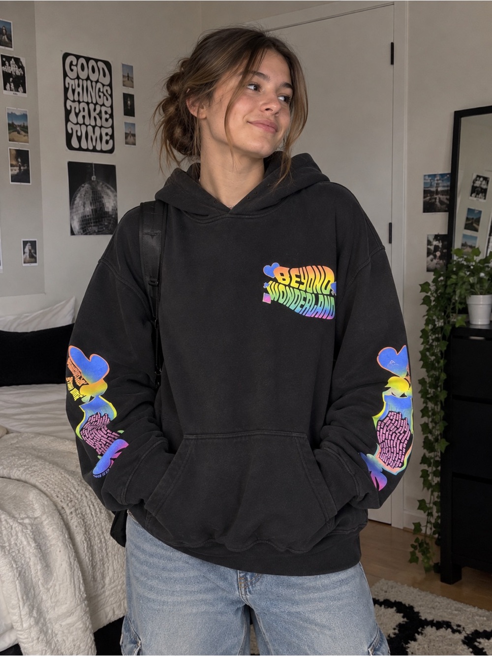 Black Crewneck Hoodie with Colorful 'Beyond Wonderland' Chest Graphic